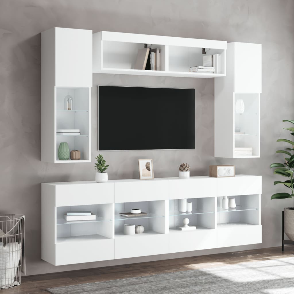 Set comode TV de perete, 6 piese, cu lumini LED, alb — imaginea 4