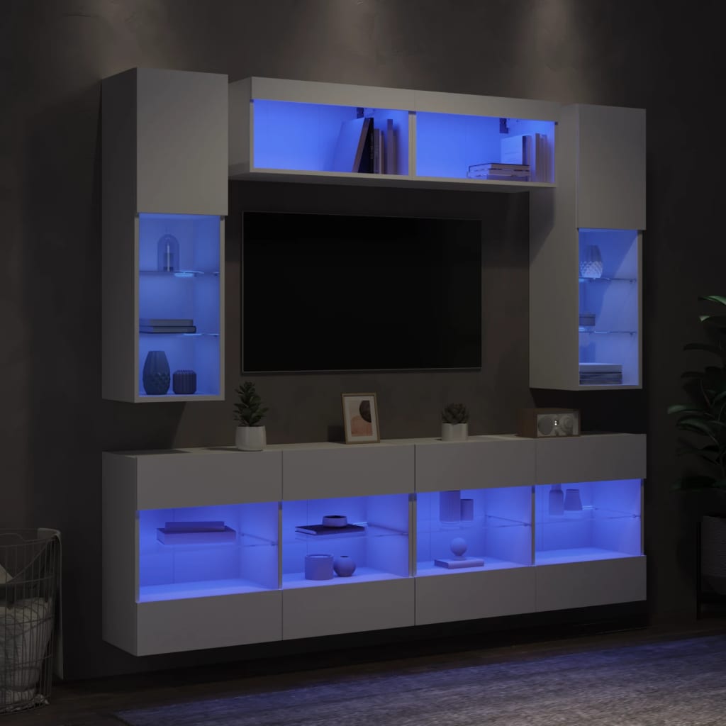 Set comode TV de perete, 6 piese, cu lumini LED, alb — imaginea 5