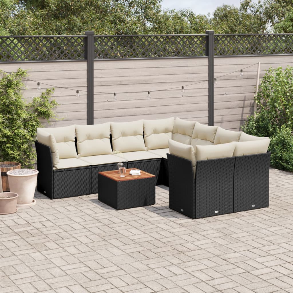 Set mobilier de gradina cu perne, 9 piese, negru, poliratan — imaginea 2