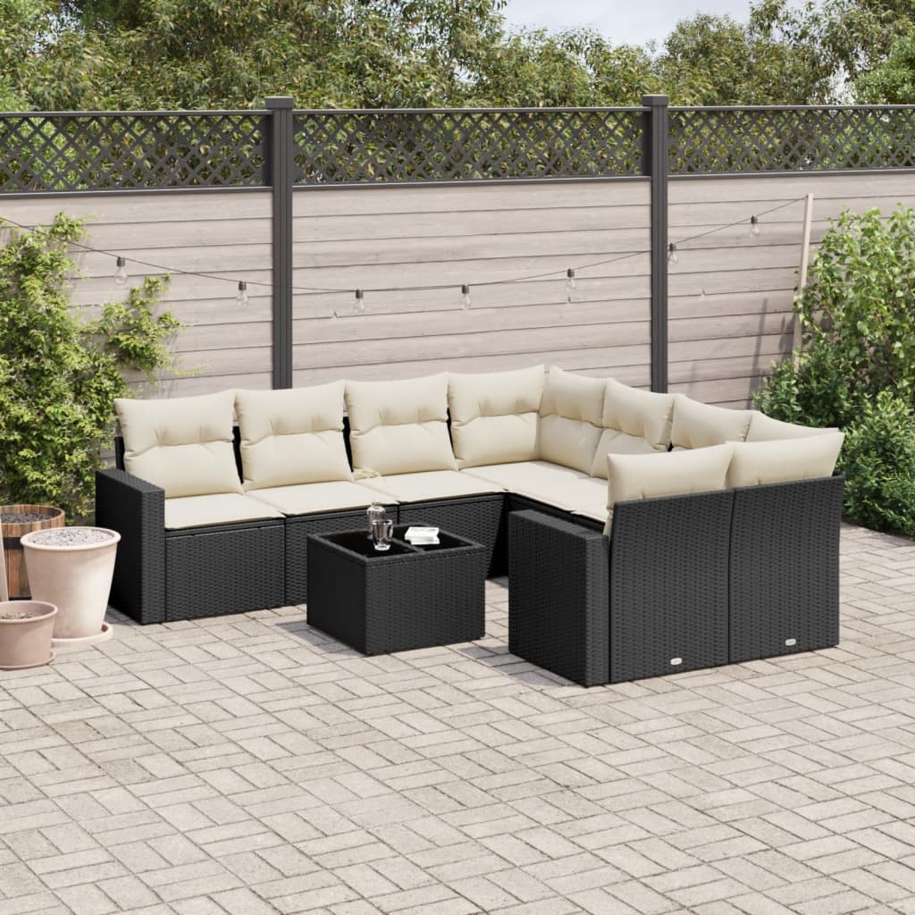 Set mobilier de gradina cu perne, 9 piese, negru, poliratan — imaginea 2