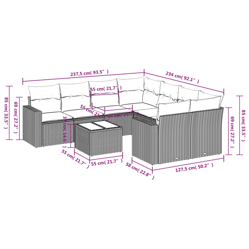 Set mobilier de gradina cu perne, 9 piese, negru, poliratan — imaginea 3