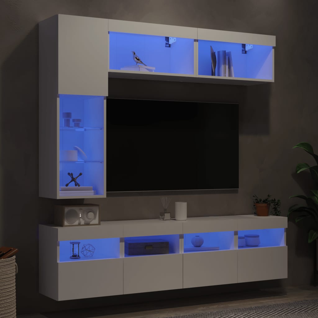 Set comode TV de perete, 7 piese, cu lumini LED, alb — imaginea 4