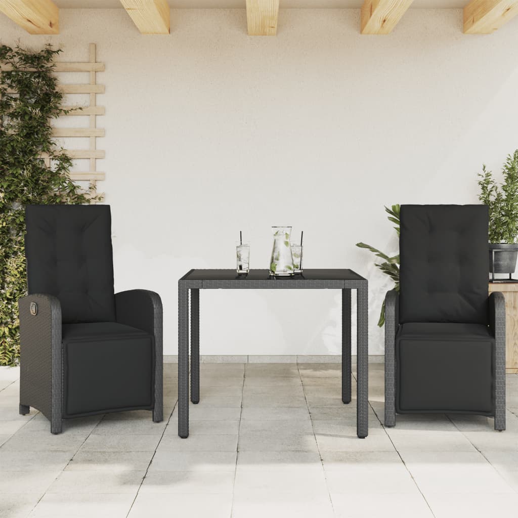 Set bistro cu perne, 3 piese, negru, poliratan — imaginea 2