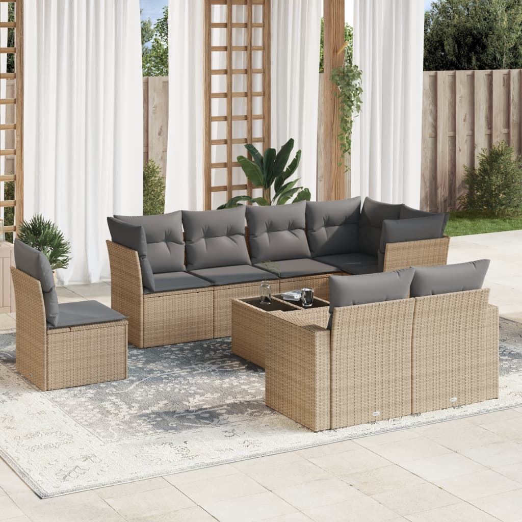 Set canapele de gradina, 9 piese, cu perne, bej, poliratan — imaginea 2