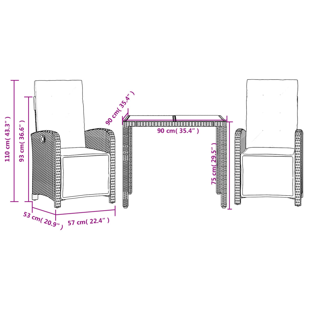 Set bistro cu perne, 3 piese, negru, poliratan — imaginea 9