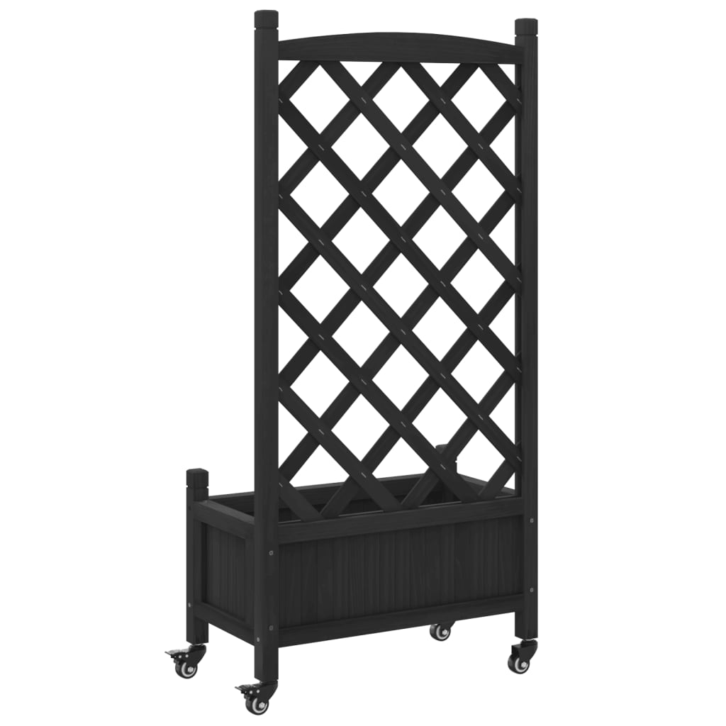 Jardiniera cu spalier și roti, negru, lemn masiv de brad, mărime 55x29.5x117.5 cm — imaginea 6