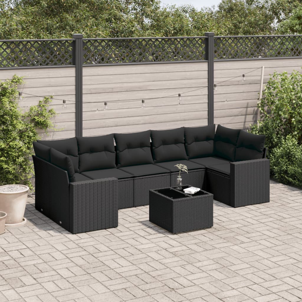 Set mobilier de gradina cu perne, 8 piese, negru, poliratan — imaginea 2