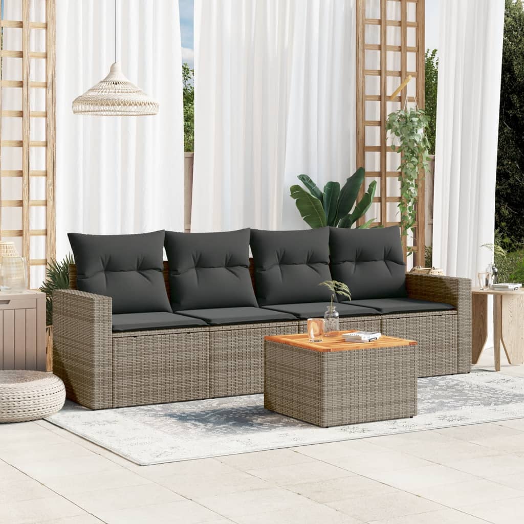 Set canapea de gradina cu perne, 5 piese, gri, poliratan — imaginea 2
