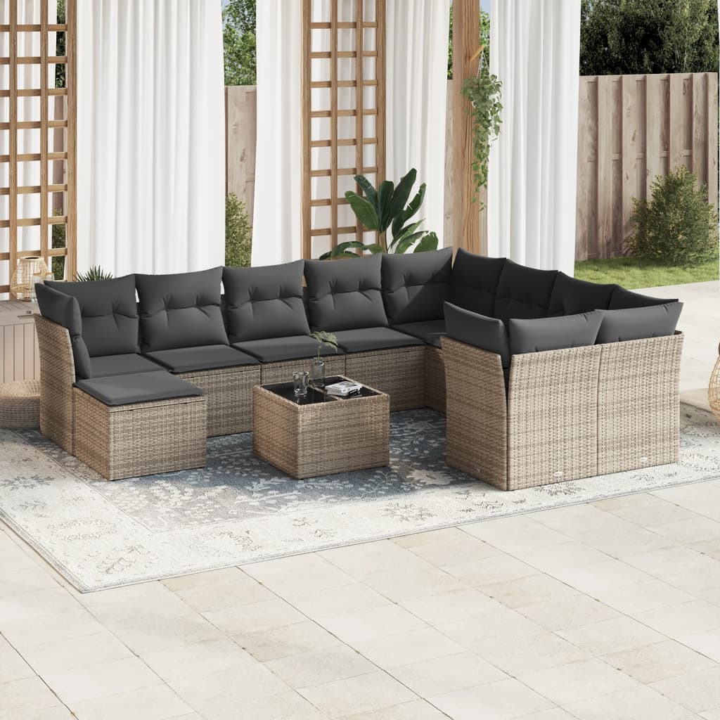 Set canapele de gradina cu perne, 11 piese, gri, poliratan — imaginea 2
