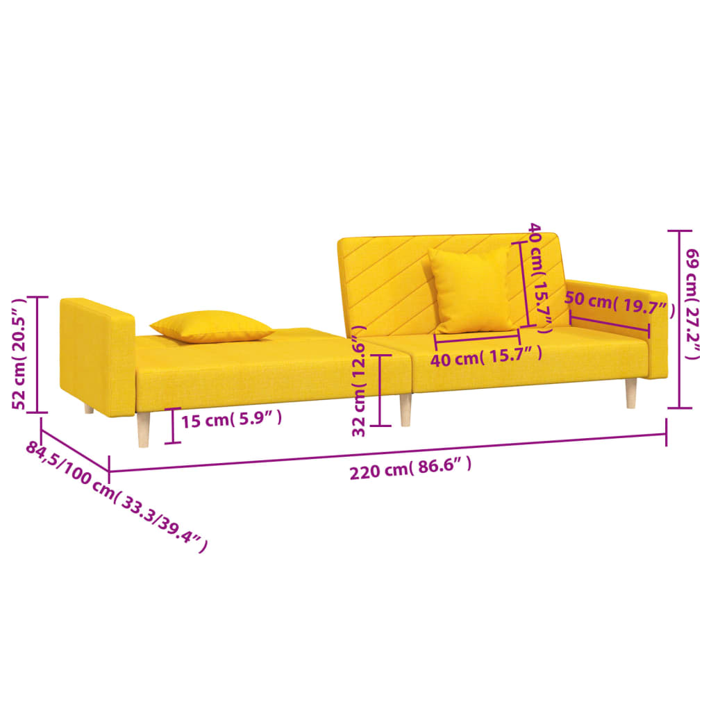 Canapea extensibila cu 2 locuri, 2 perne, galben, textil — imaginea 11
