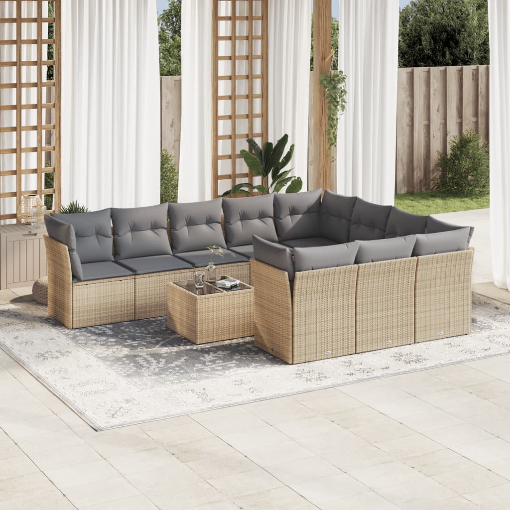 Set canapele de gradina cu perne, 11 piese, bej, poliratan — imaginea 2