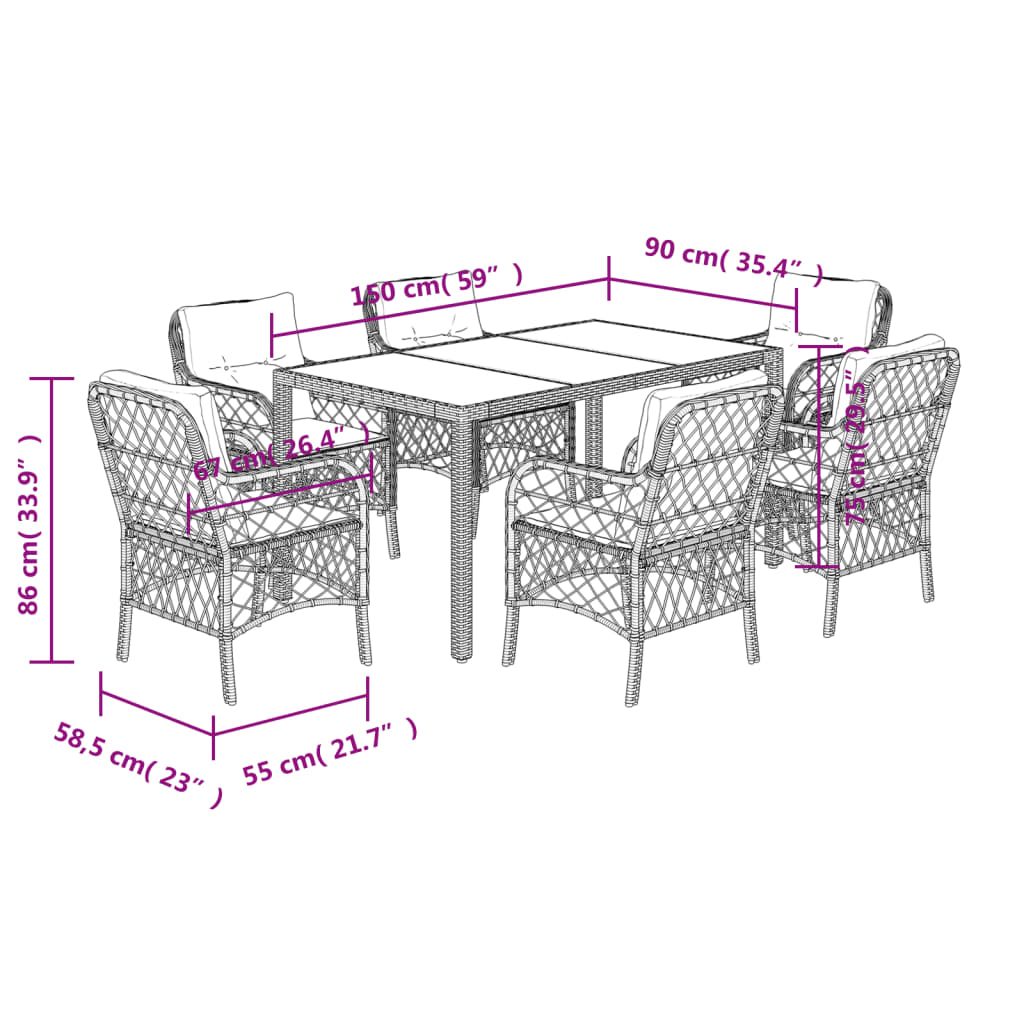Set mobilier de gradina cu perne, 7 piese, negru, poliratan — imaginea 7