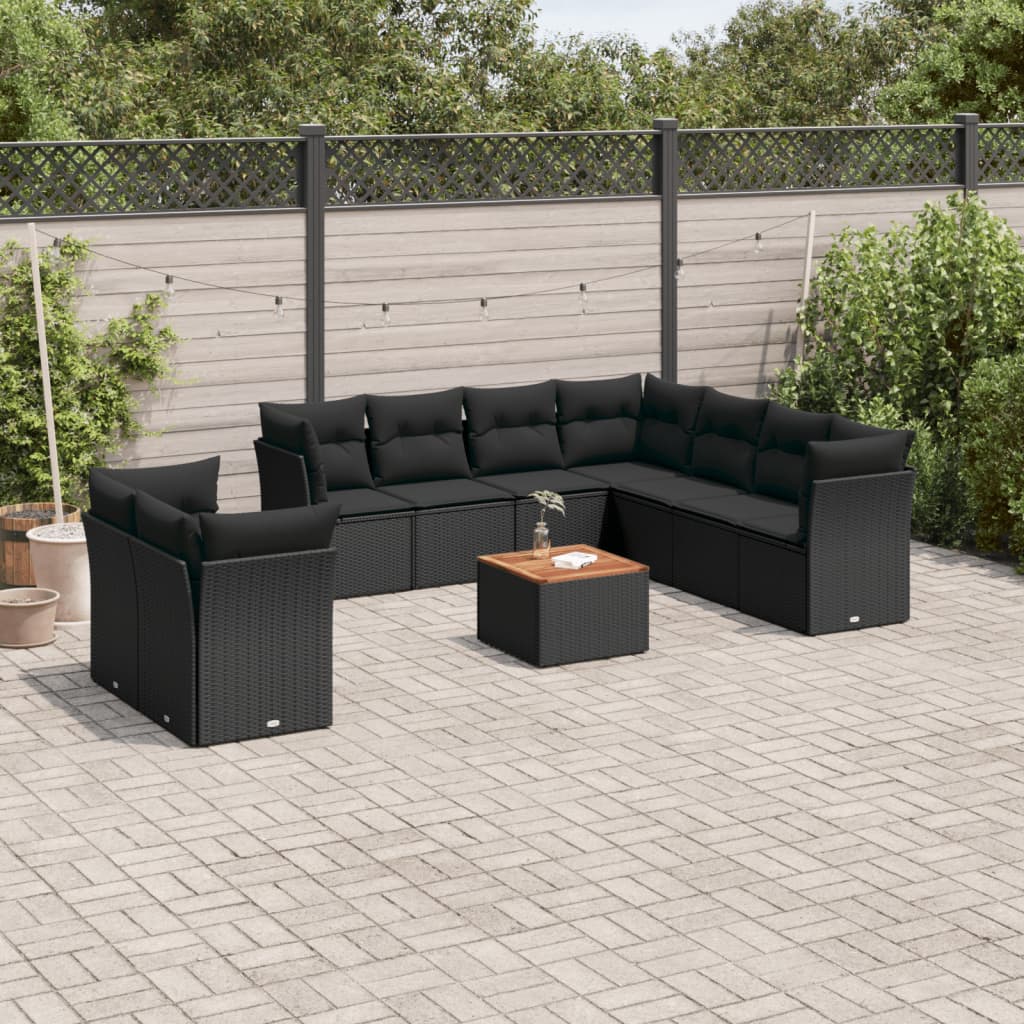 Set canapele de gradina cu perne, 10 piese, negru, poliratan — imaginea 2