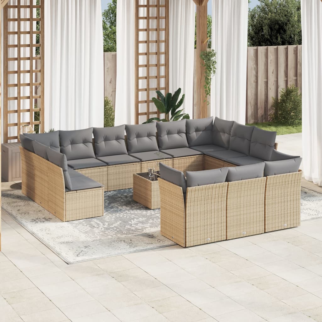 Set canapele de gradina, 14 piese, cu perne, bej, poliratan — imaginea 2