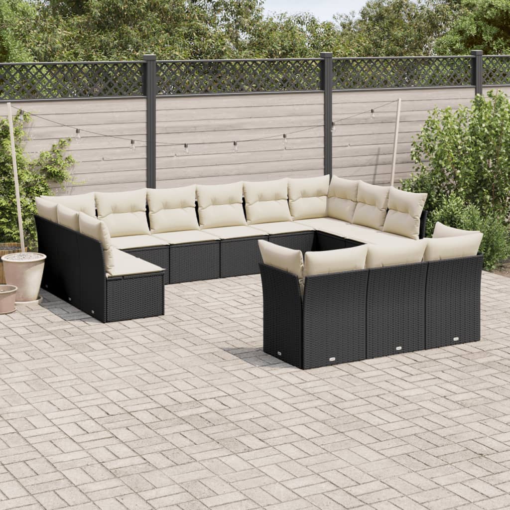 Set mobilier de gradina cu perne, 13 piese, negru, poliratan — imaginea 2