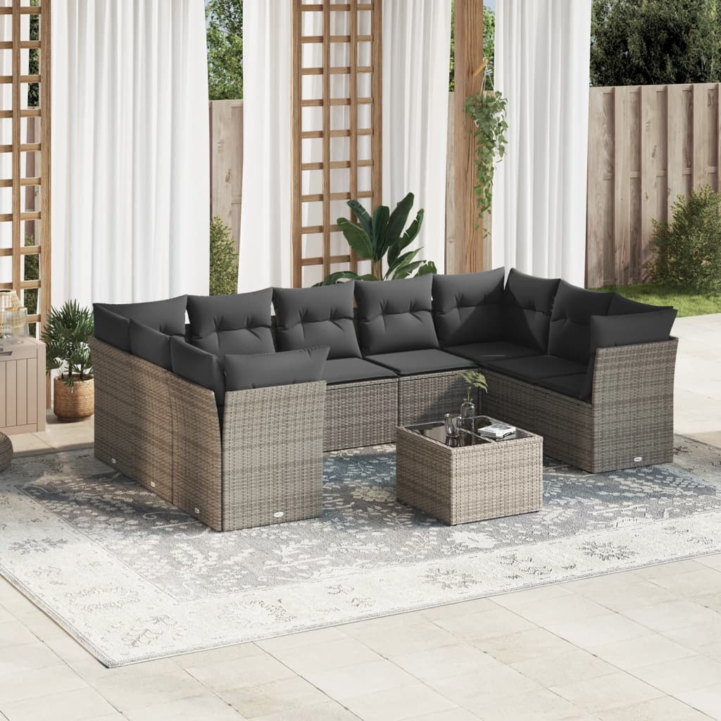 Set mobilier de gradina cu perne, 10 piese, gri, poliratan — imaginea 2