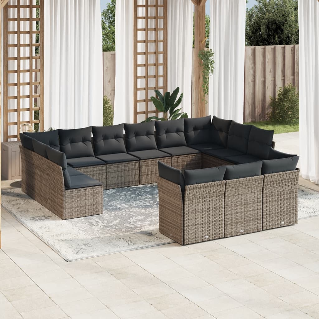 Set mobilier de gradina cu perne, 13 piese, gri, poliratan — imaginea 2