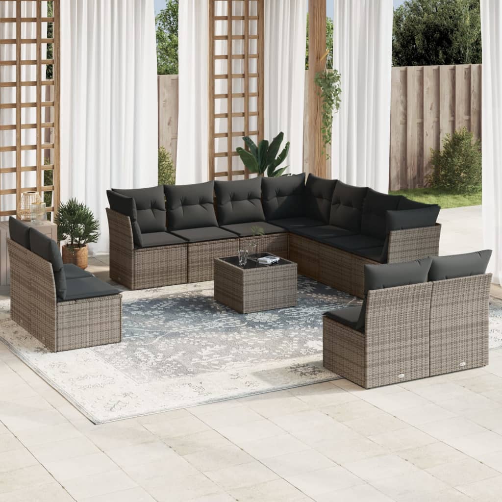 Set canapea de gradina cu perne, 12 piese, gri, poliratan — imaginea 2
