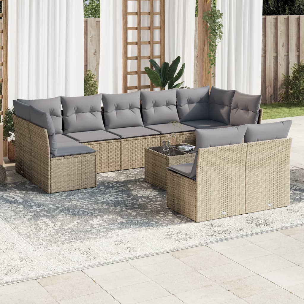 Set canapele de gradina cu perne, 10 piese, bej, poliratan — imaginea 2