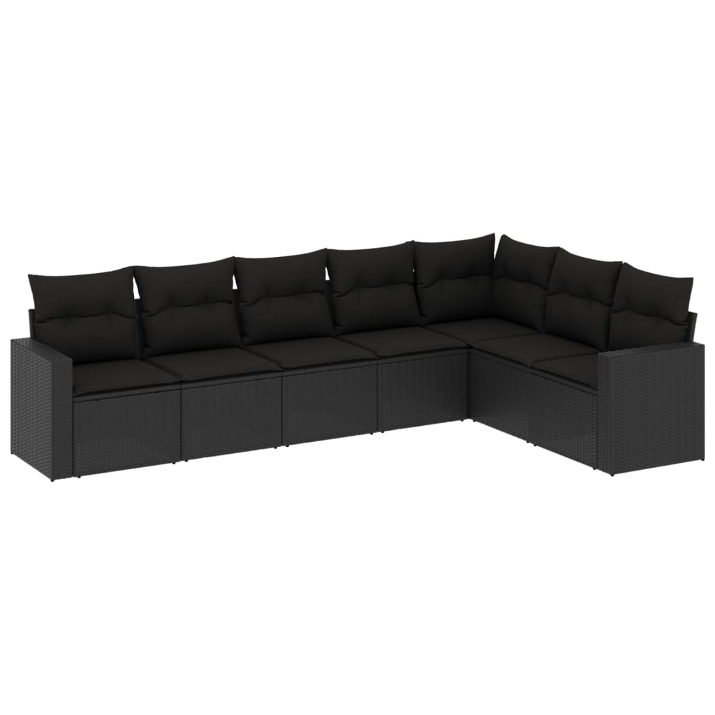 Set canapele de gradina cu perne, 7 piese, negru, poliratan
