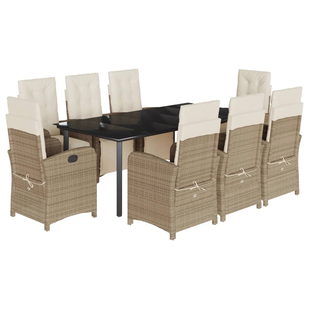 Set de masa pentru gradina, 9 piese, cu perne, bej, poliratan