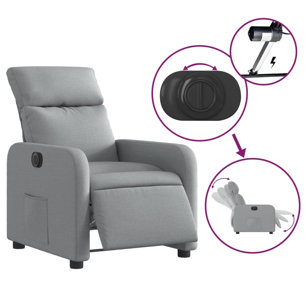 Fotoliu rabatabil electric, gri deschis, textil — imaginea 5