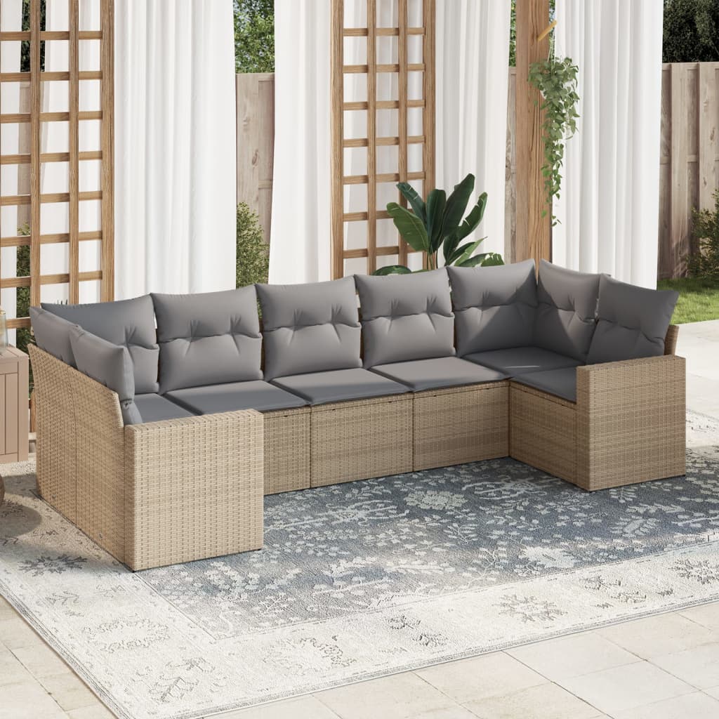 Set canapele de gradina, 7 piese, cu perne, bej, poliratan — imaginea 2