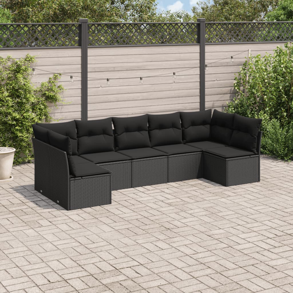 Set canapele de gradina cu perne, 7 piese, negru, poliratan — imaginea 2