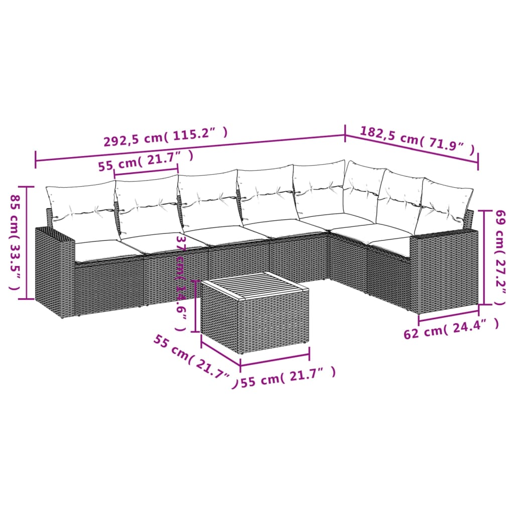 Set canapele de gradina, 8 piese, cu perne, bej, poliratan — imaginea 3