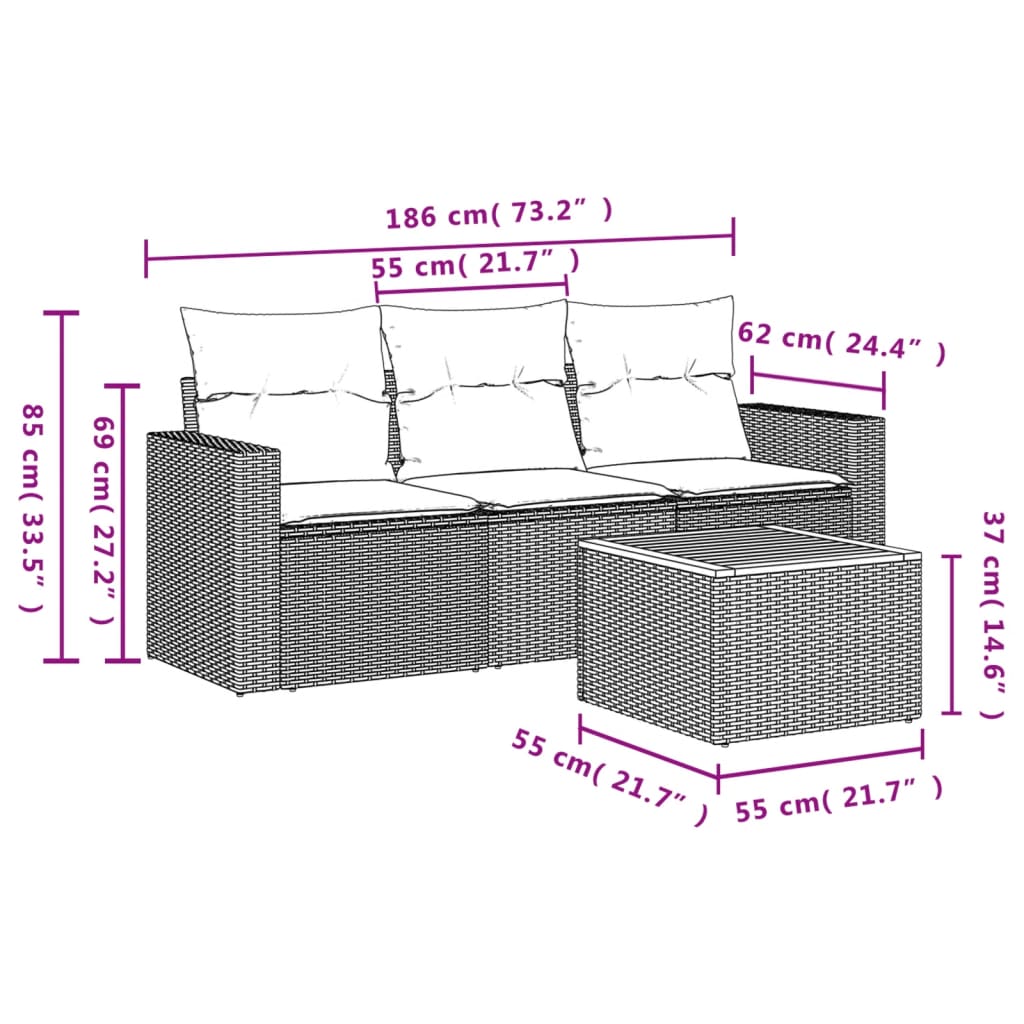 Set mobilier de gradina cu perne, 4 piese, negru, poliratan — imaginea 3