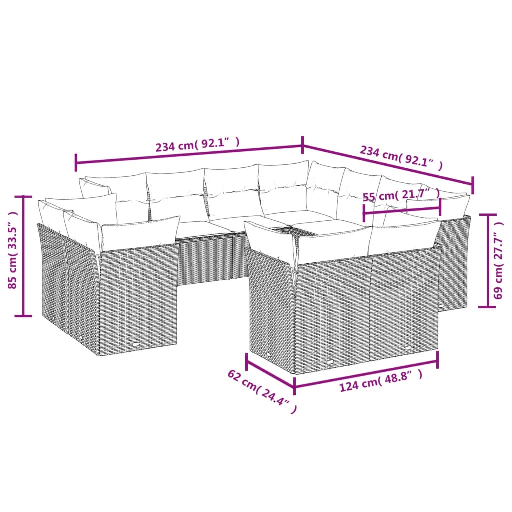 Set canapele de gradina cu perne, 11 piese, bej, poliratan — imaginea 3