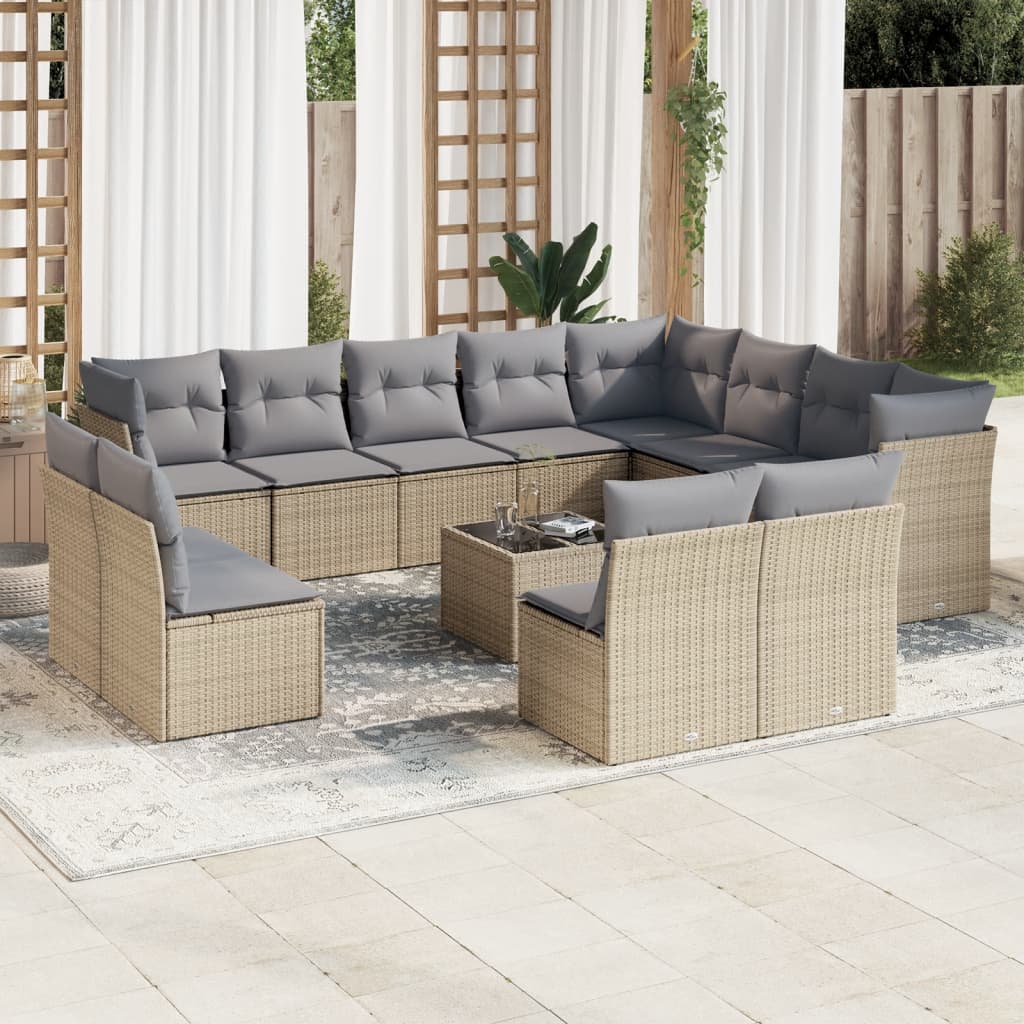 Set canapele de gradina, 13 piese, cu perne, bej, poliratan — imaginea 2