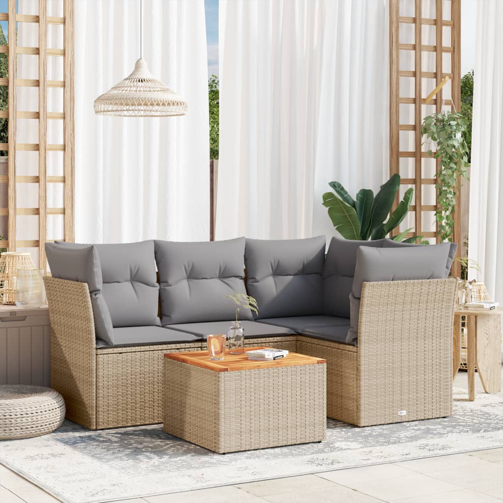 Set canapele de gradina cu perne, 5 piese, bej, poliratan — imaginea 2