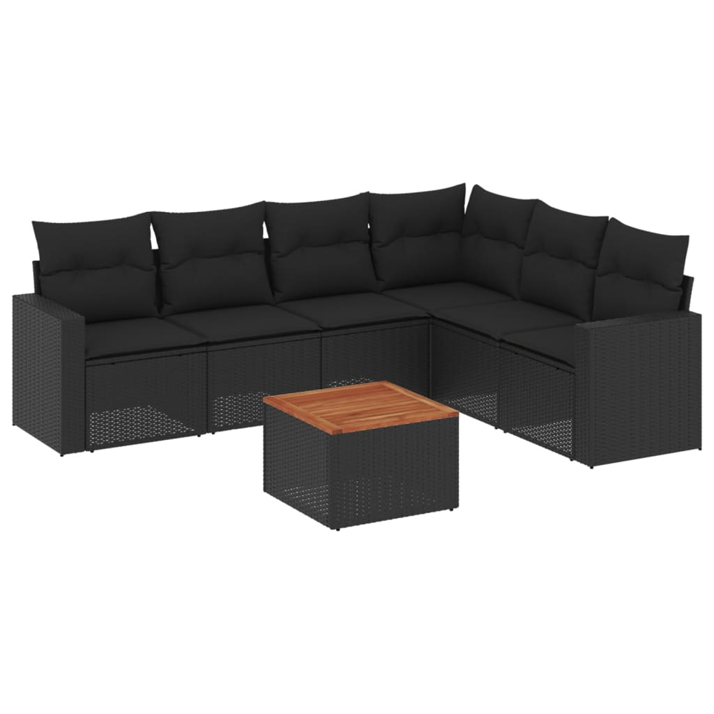 Set canapele de gradina cu perne, 7 piese, negru, poliratan