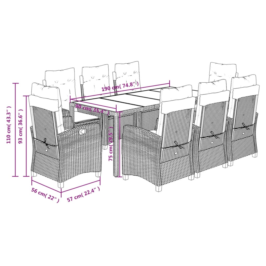 Set mobilier de gradina cu perne, 9 piese, negru, poliratan — imaginea 9
