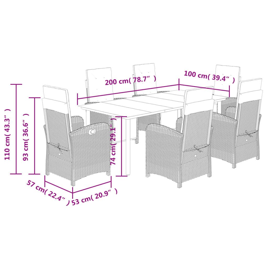 Set mobilier de gradina cu perne, 7 piese, maro, poliratan — imaginea 9