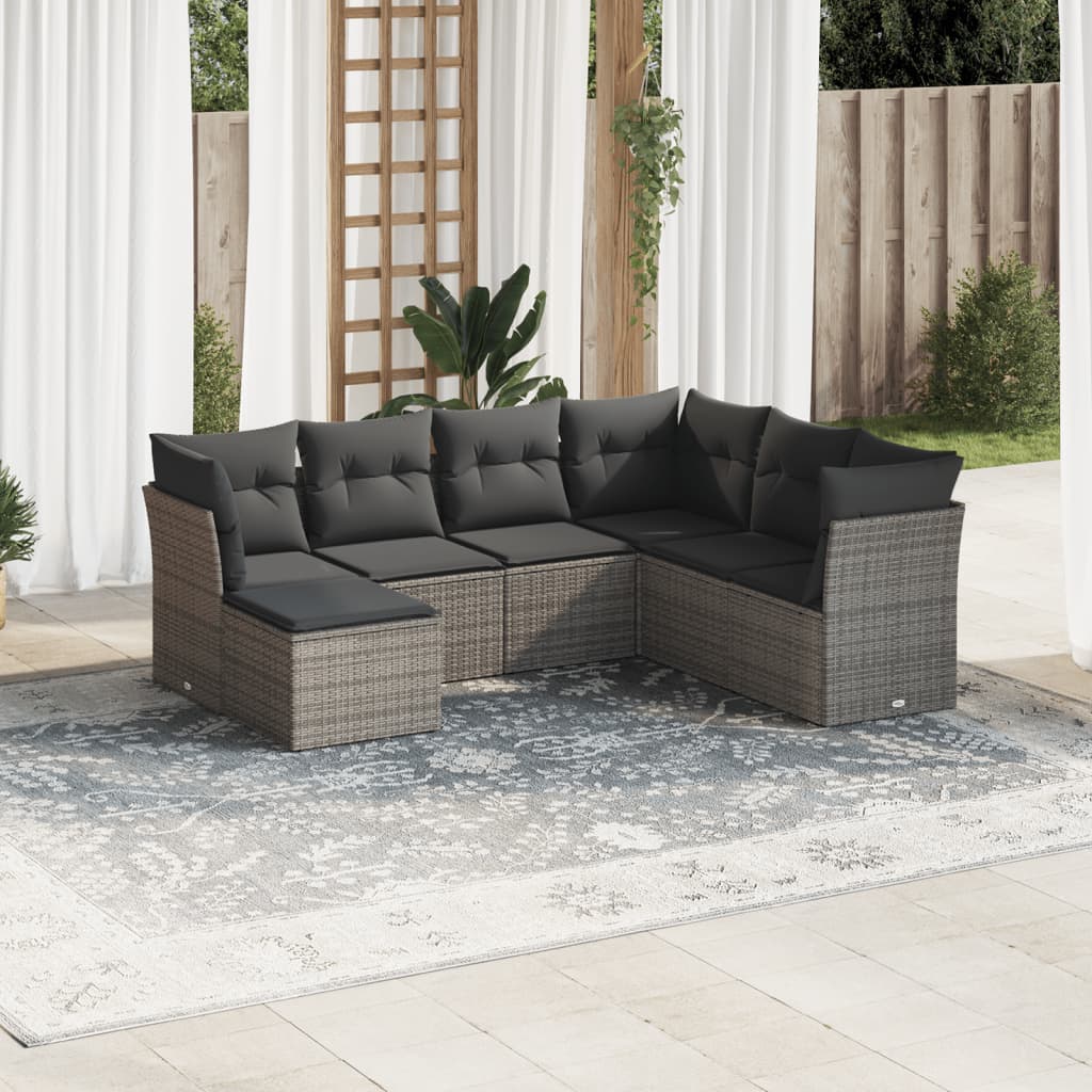 Set canapele de gradina, 7 piese, cu perne, gri, poliratan — imaginea 2