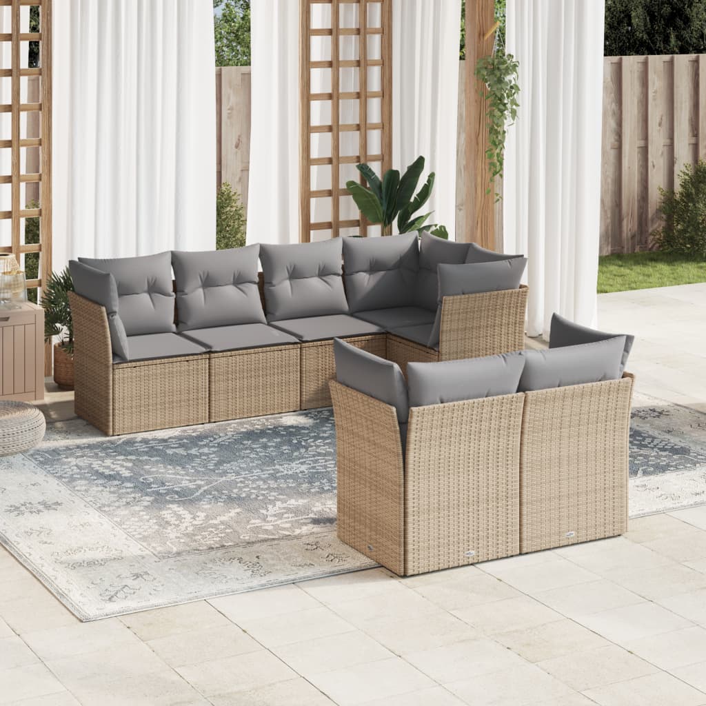 Set canapele de gradina, 7 piese, cu perne, bej, poliratan — imaginea 2