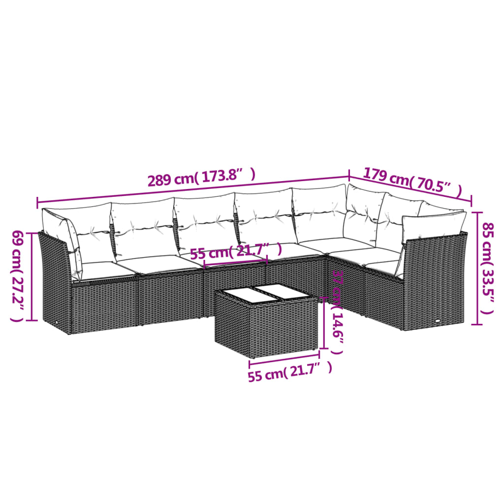 Set mobilier de gradina cu perne, 8 piese, negru, poliratan — imaginea 3