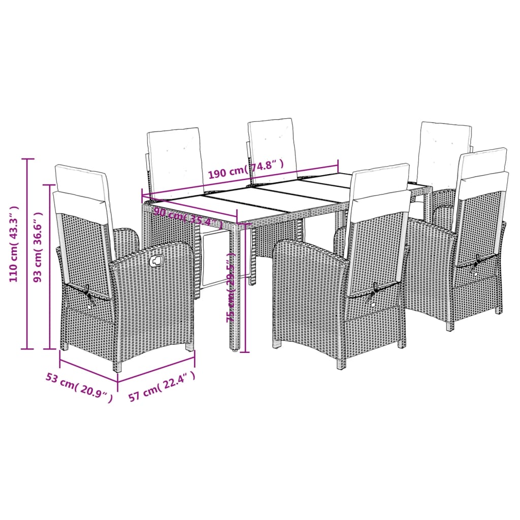 Set mobilier de gradina cu perne, 7 piese, gri, poliratan — imaginea 9
