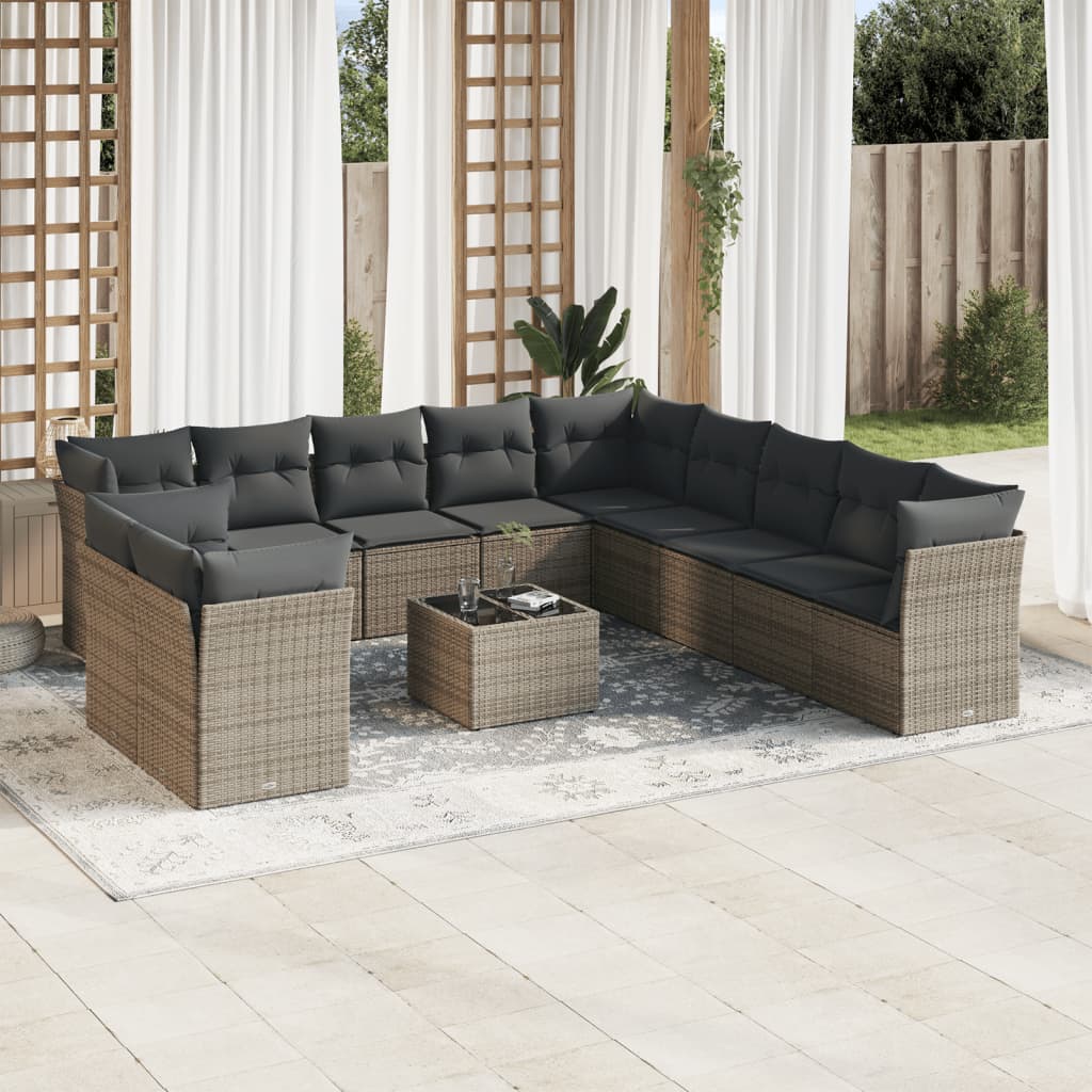 Set canapea de gradina cu perne, 12 piese, gri, poliratan — imaginea 2