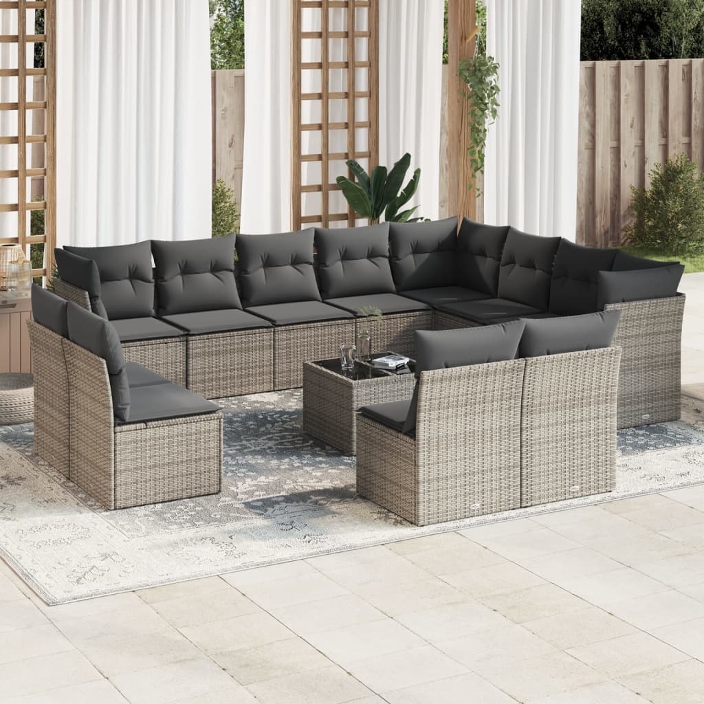 Set mobilier de gradina cu perne, 13 piese, gri, poliratan — imaginea 2