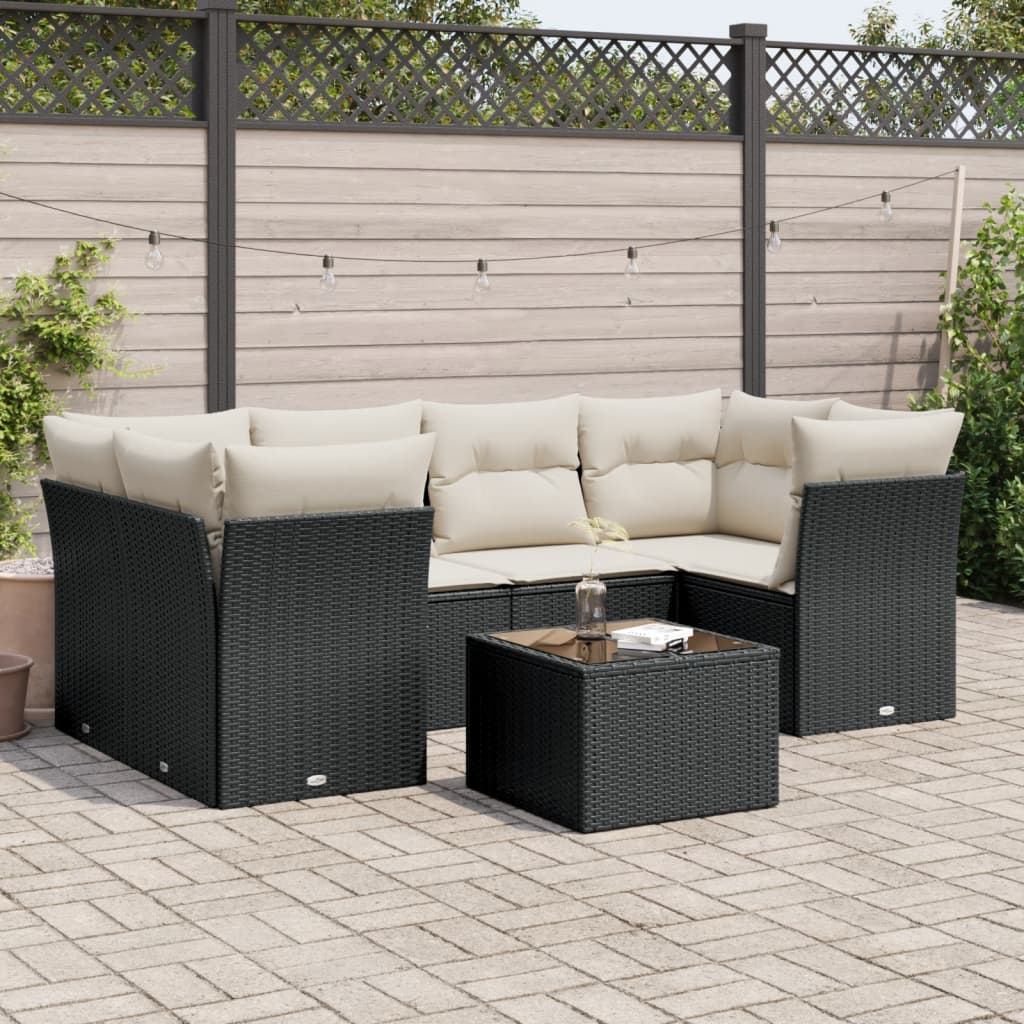 Set canapele de gradina cu perne, 7 piese, negru, poliratan — imaginea 5