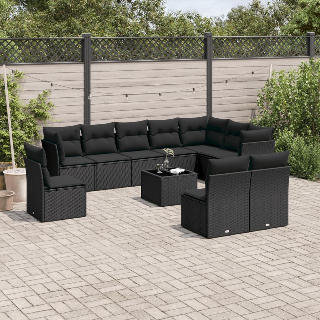 Set canapele de gradina cu perne, 11 piese, negru, poliratan — imaginea 2