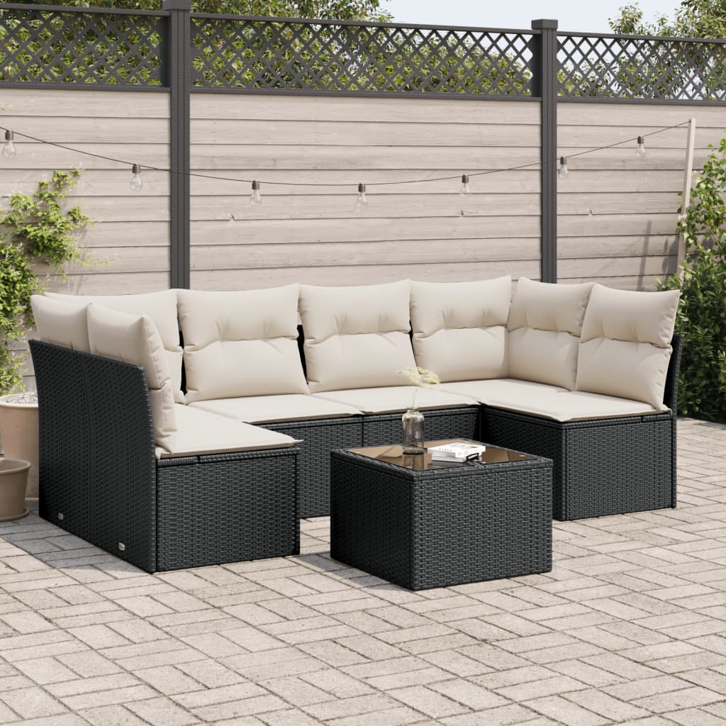 Set canapele de gradina cu perne, 7 piese, negru, poliratan — imaginea 2
