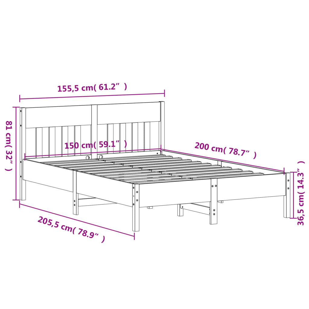 Cadru de pat cu tablie, 150x200 cm lemn masiv pin