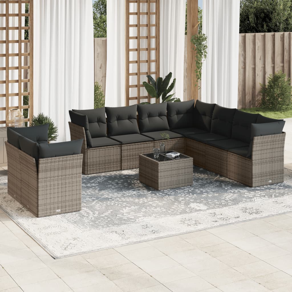Set mobilier de gradina cu perne, 10 piese, gri, poliratan — imaginea 2