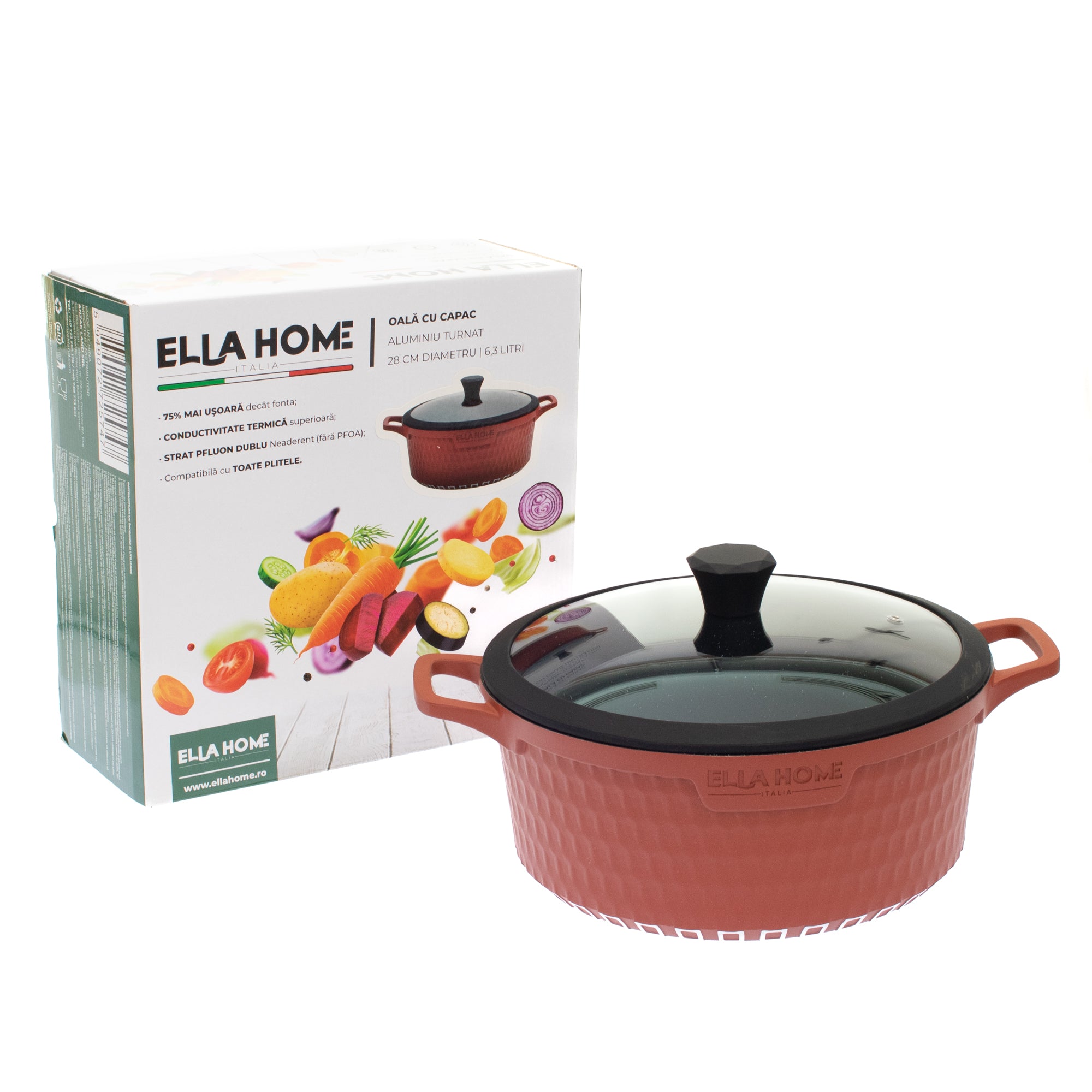 Oala din aluminiu turnat cu capac, Ella Home, visinie, 6.3L, 28 cm — imaginea 5