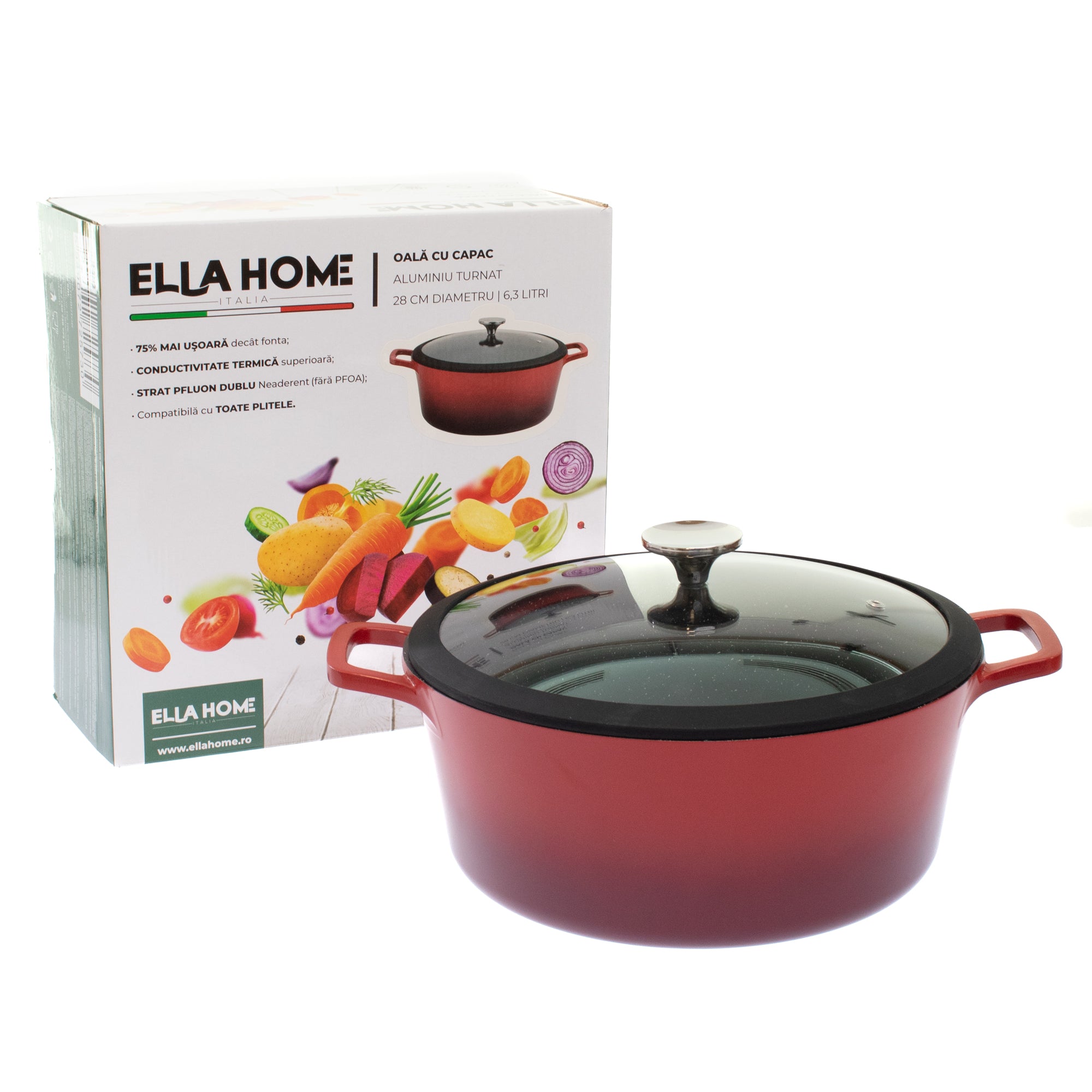 Oala universala din aluminiu turnat cu capac, visinie, 6.3L, 28 cm — imaginea 5
