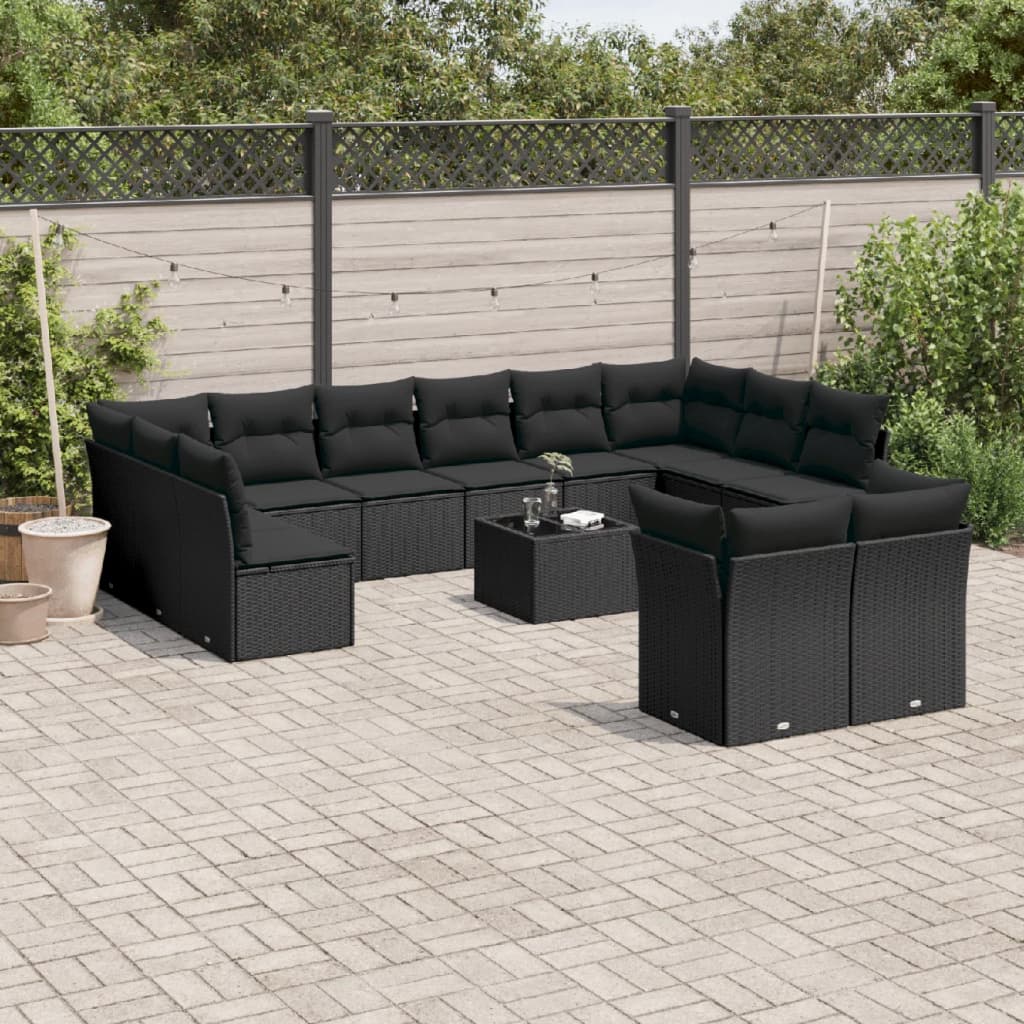 Set mobilier de gradina cu perne, 13 piese, negru, poliratan — imaginea 2